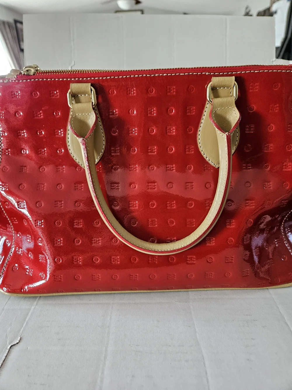 Arcadia Red Patent Tote Bag with Tan Handles